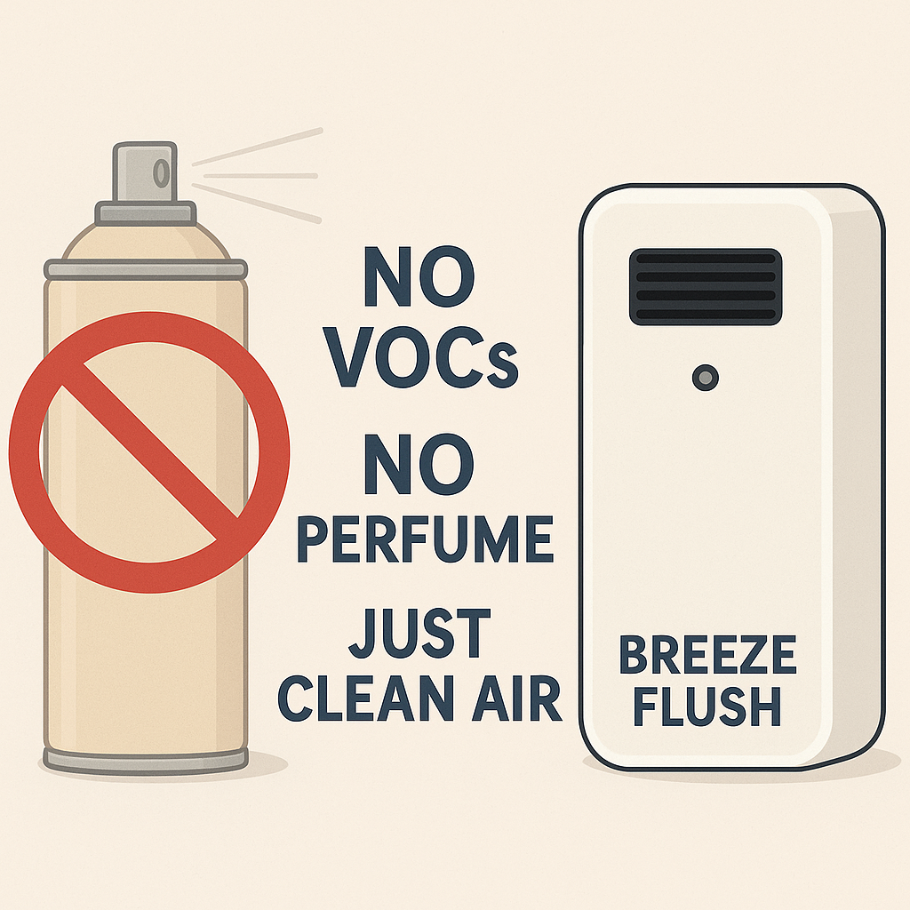 Comparison showing Breeze Flush as a chemical-free alternative to traditional scented sprays, emphasizing clean air.
