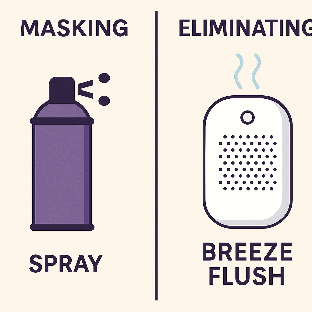 Visual comparison of chemical-based spray ingredients versus the natural filtration method used by Breeze Flush.